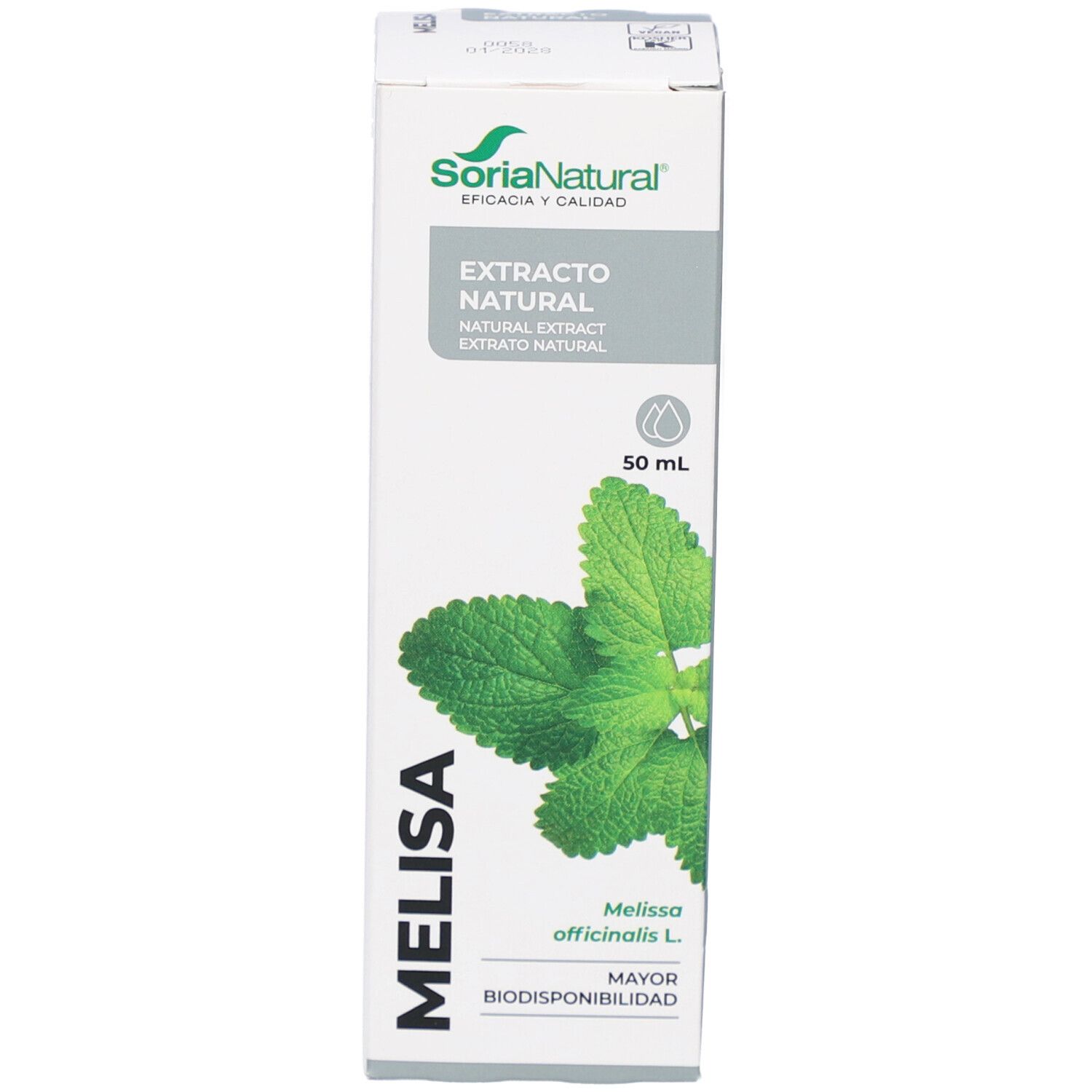 Witte doos met groene bladeren en productinformatie. Merk SoriaNatural, MELISA.