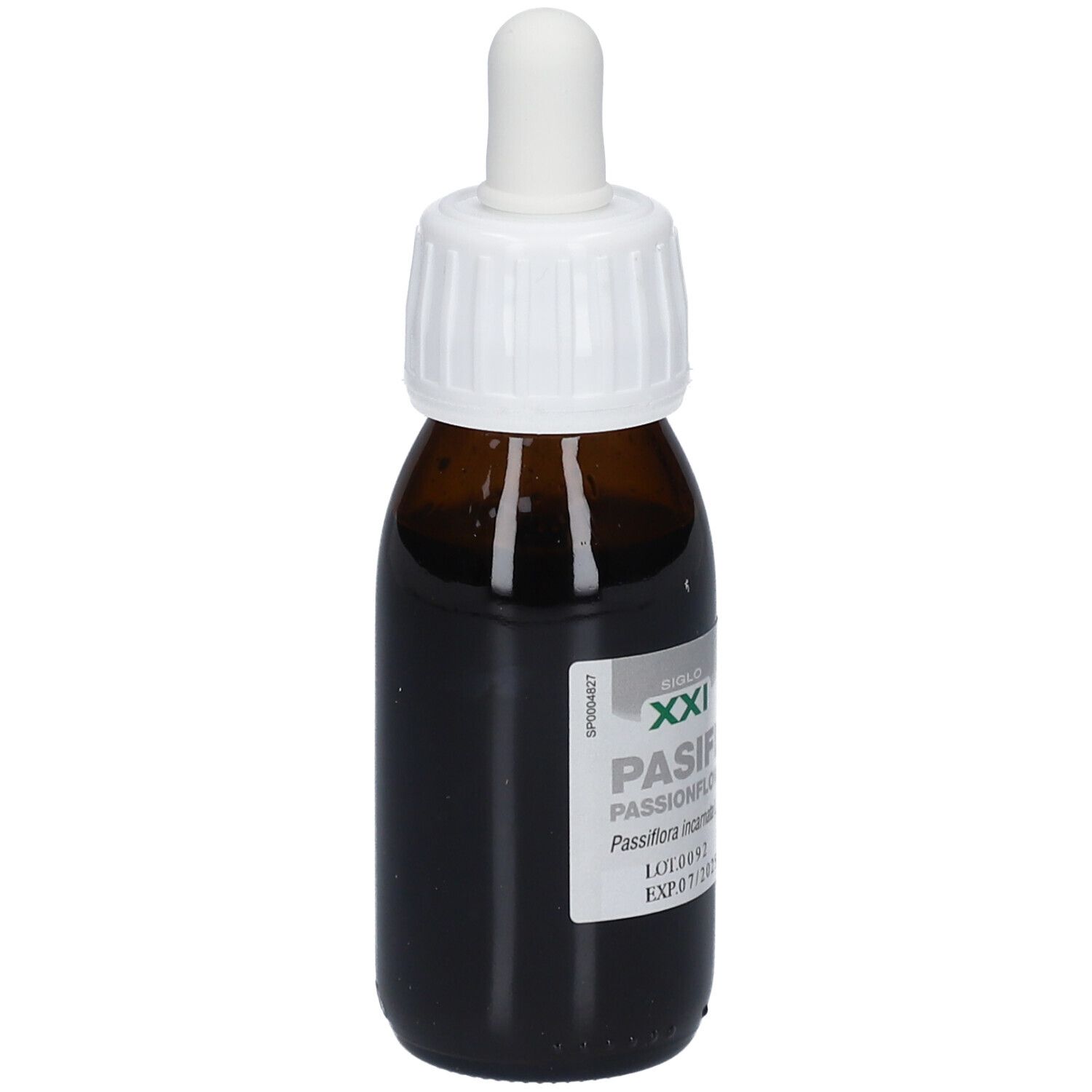 Bruine glazen fles met witte dop en pipet. Etiket met productnaam, merk en informatie. Soria Natural®.