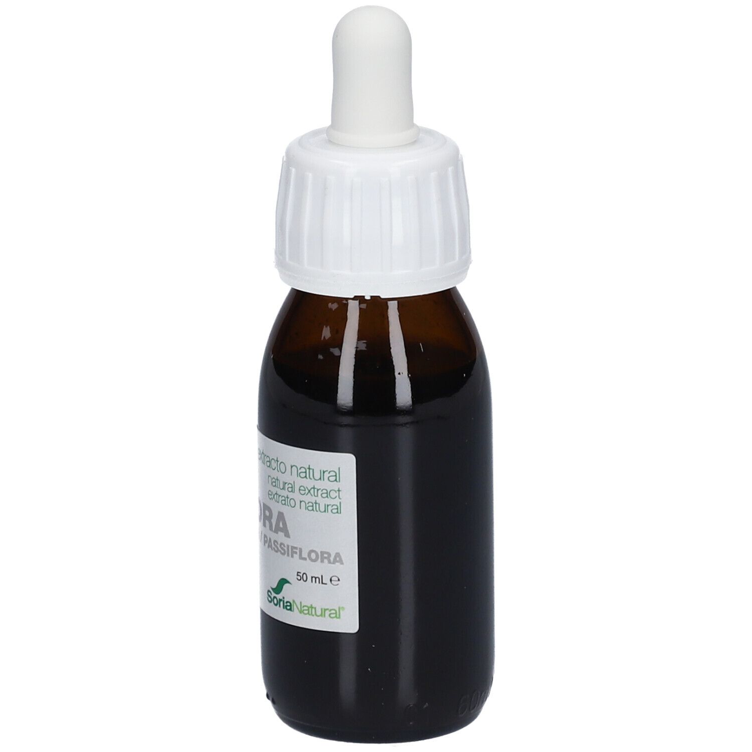 Bruine glazen fles met witte dop en pipet. Etiket met productnaam, merk en informatie. Soria Natural®.