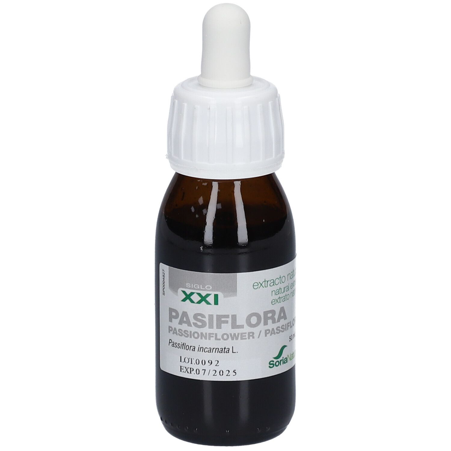 Bruine glazen fles met witte dop en pipet. Etiket met productnaam, merk en informatie. Soria Natural®.