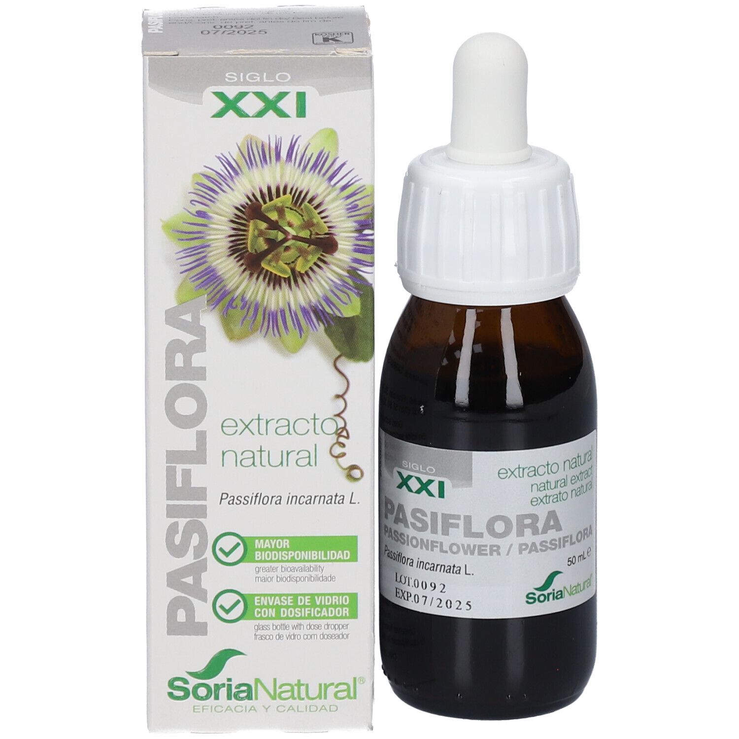 Productfles en verpakking. Bruine glazen fles met witte dop en pipet. Verpakking met productnaam en merk.