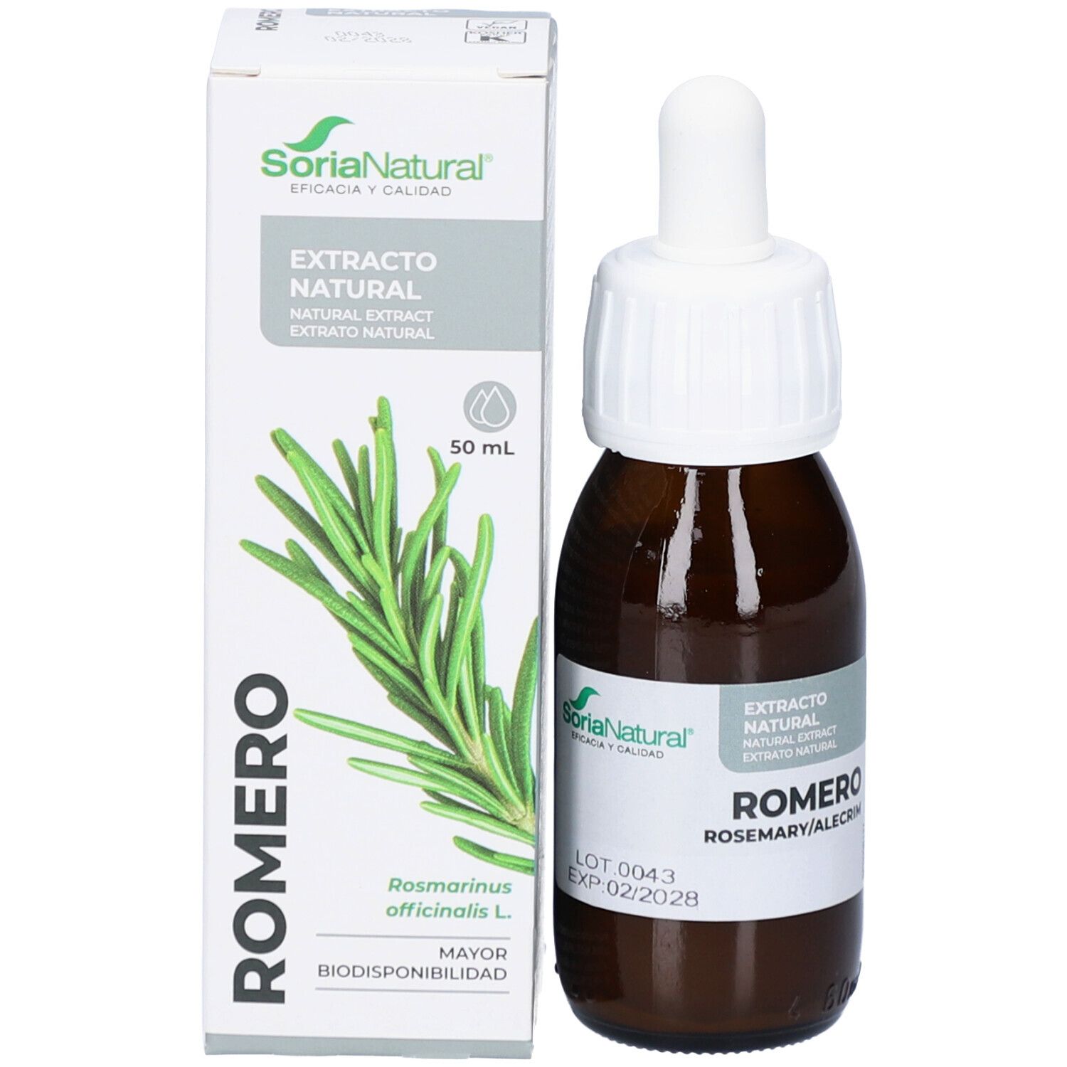 Flacon et emballage. Flacon avec compte-gouttes, verre brun. Emballage: blanc, vert, texte: Romero, Soria Natural, Extrato Natural.