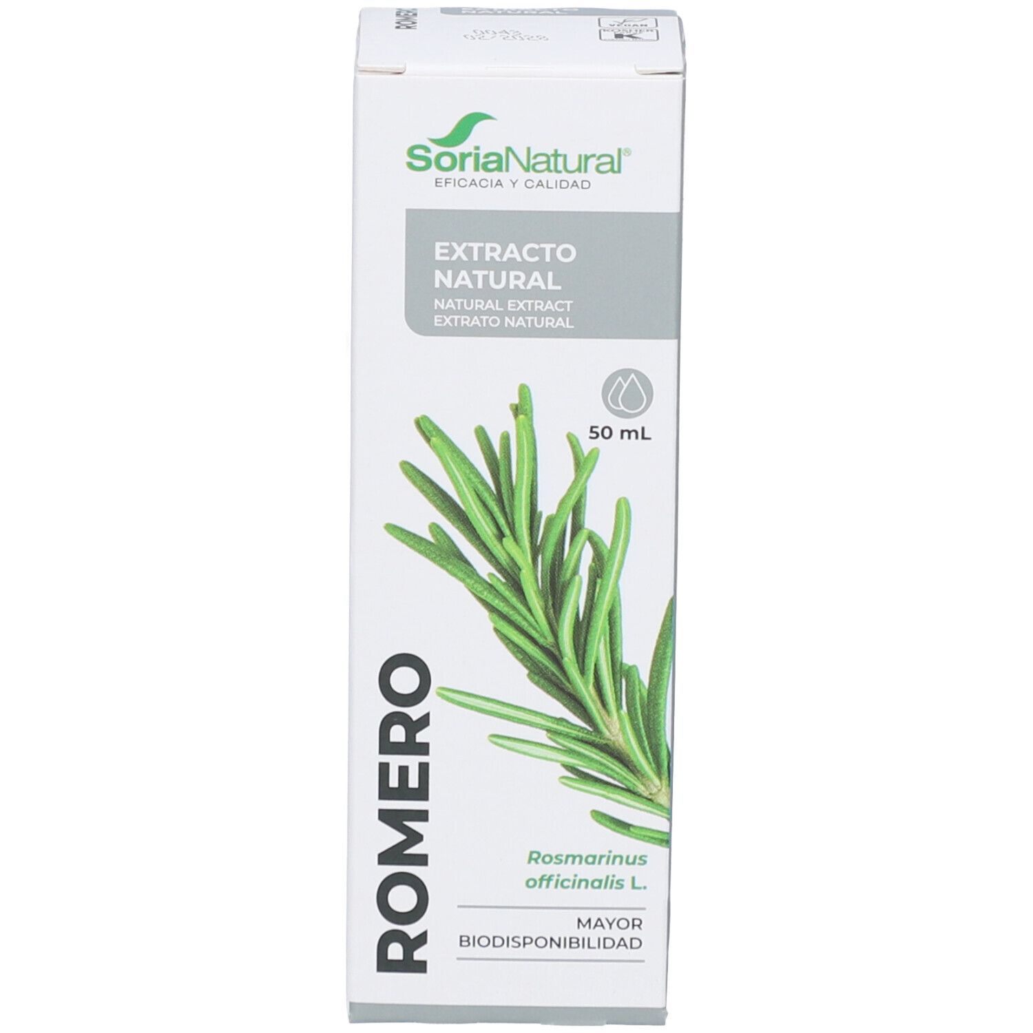 Emballage blanc avec branche de romarin verte. Texte: Romero, Soria Natural, Extrato Natural, 50 ml.