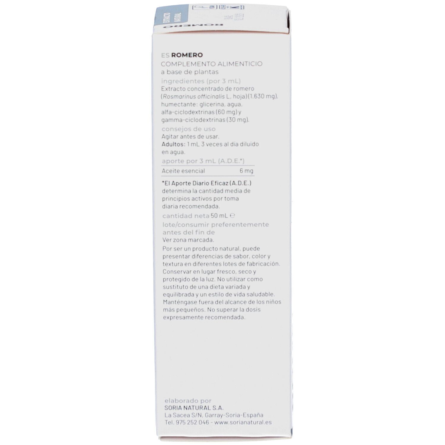 Emballage blanc, dos. Texte: ingrédients, utilisation, conseils, Soria Natural.