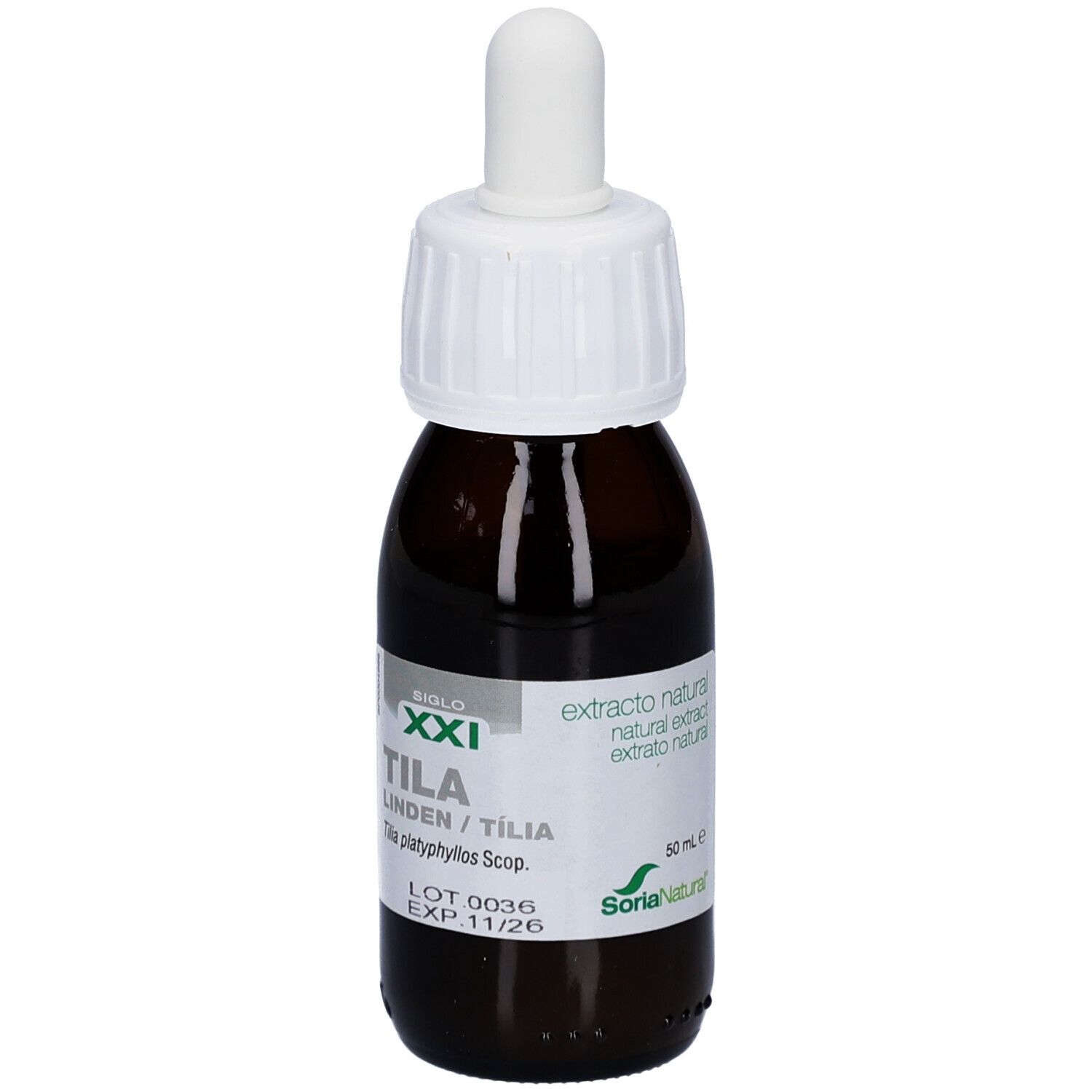 Flacon en verre brun avec bouchon blanc et pipette. Étiquette avec informations produit.