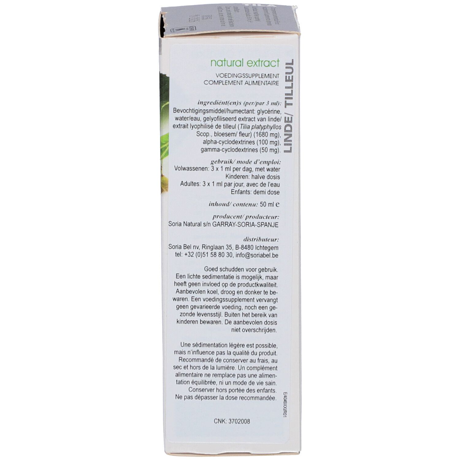 Dos de l'emballage du produit. Texte avec ingrédients, instructions d'utilisation et informations du fabricant.