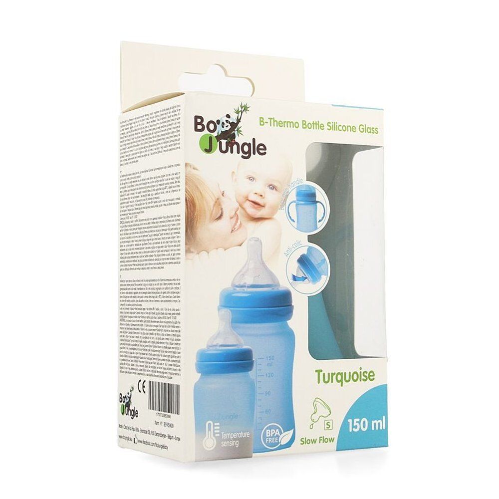Babyfles in verpakking. Turquoise, van siliconen en glas. Merk: Bo Jungle. Inhoud: 150 ml. Met BPA-vrij zegel.