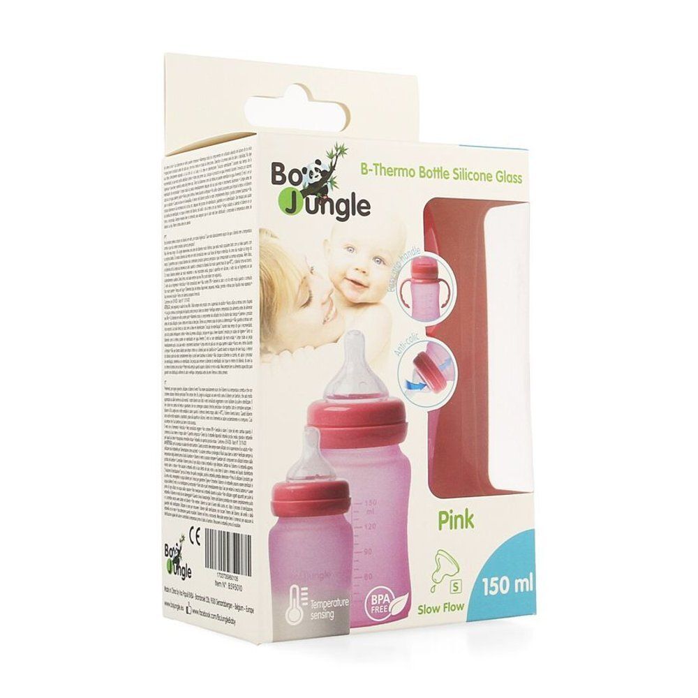 Emballage de biberons roses Bo Jungle. Biberons en verre silicone. Sans BPA. Contenance 150 ml. Débit lent.