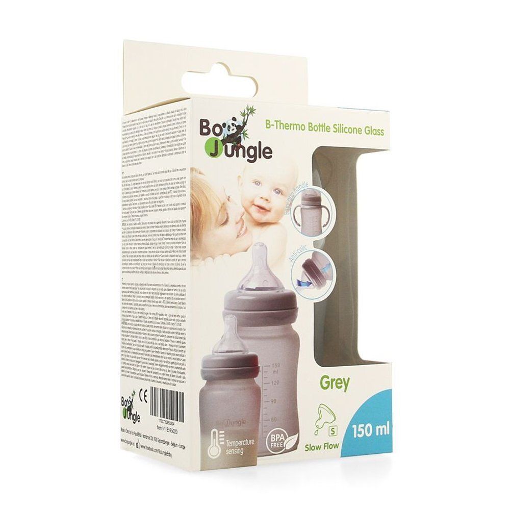 Emballage de biberon gris en verre silicone. Capacité 150 ml. Sans BPA. Marque Bo Jungle. Tétine débit lent. 