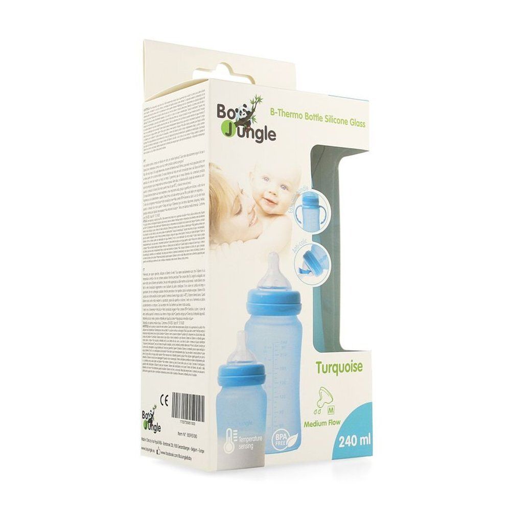 Emballage de biberon turquoise. Biberon en verre et silicone. Inscriptions : B-Thermo Bottle, sans BPA, 240 ml.