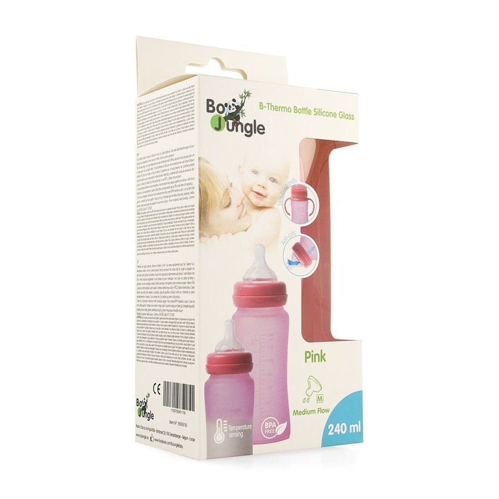 Roze babyfles in verpakking. Opschriften: B-Thermo Bottle Silicone Glass, BPA-vrij, 240 ml. Afbeelding van een baby.