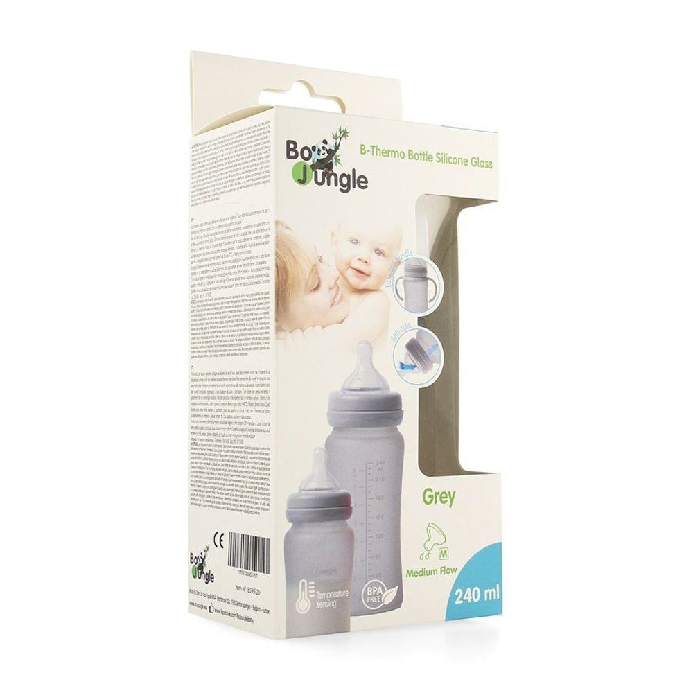 Verpakking met grijze babyfles. Fles met schaalverdeling, speen en dop. Opschrift: B-Thermo Bottle Silicone Glass, Grey, 240 ml. BPA free logo.