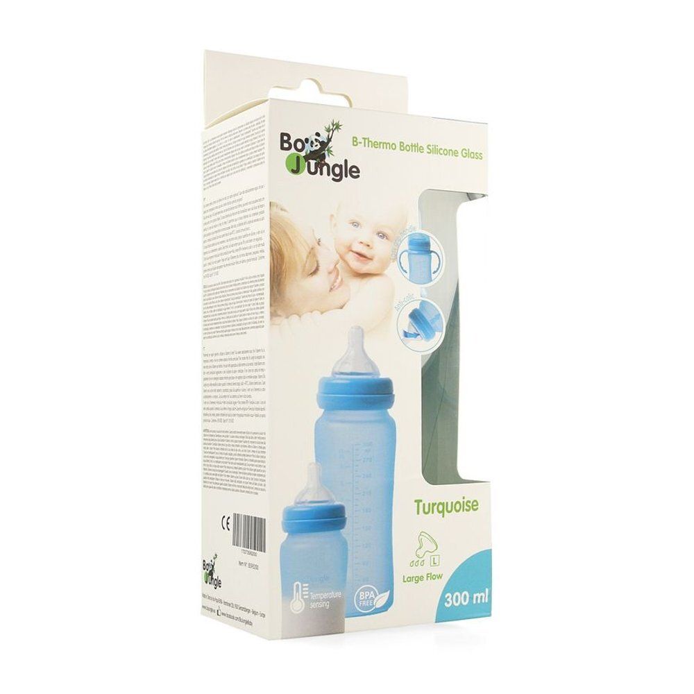 Verpakking met turquoise babyflessen van siliconen en glas. Merk Bo Jungle. Inhoud 300 ml.