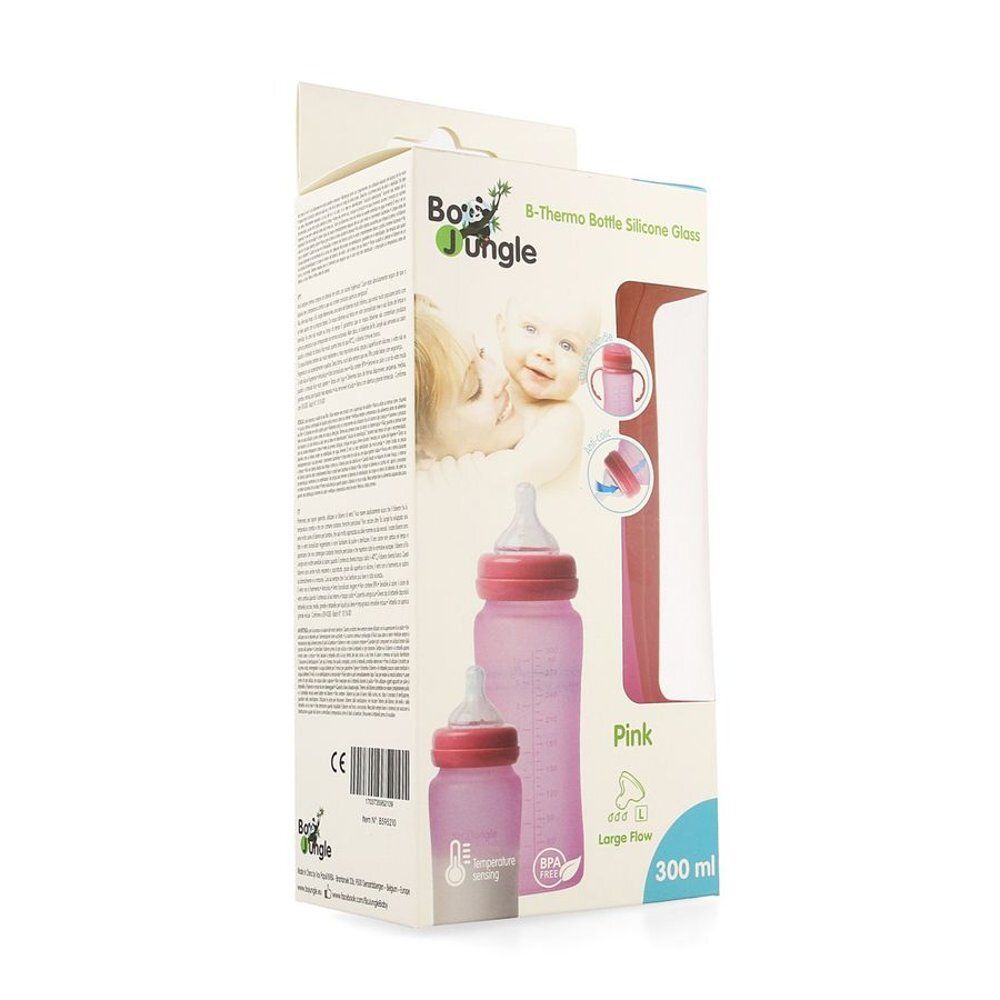 Biberon rose dans son emballage. Marque : Bo Jungle. Inscription : B-Thermo Bottle Silicone Glass. Contenance : 300 ml. Avec label BPA.