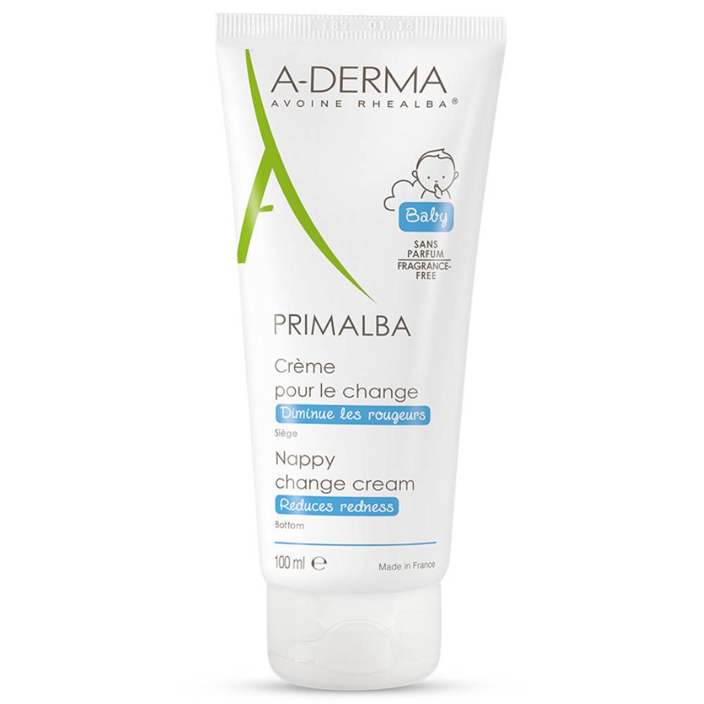 A-Derma Primalba Baby Crème pour le change. Tube blanc, accents verts. Logo bébé. Texte: Diminue les rougeurs, Fragrance free.