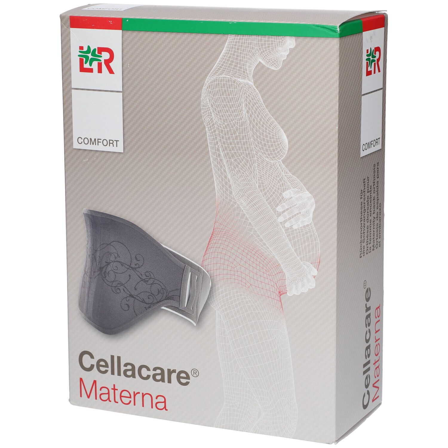 Verpakking Cellacare Materna. Grijze rugbrace afgebeeld. Logo en productnaam duidelijk zichtbaar.