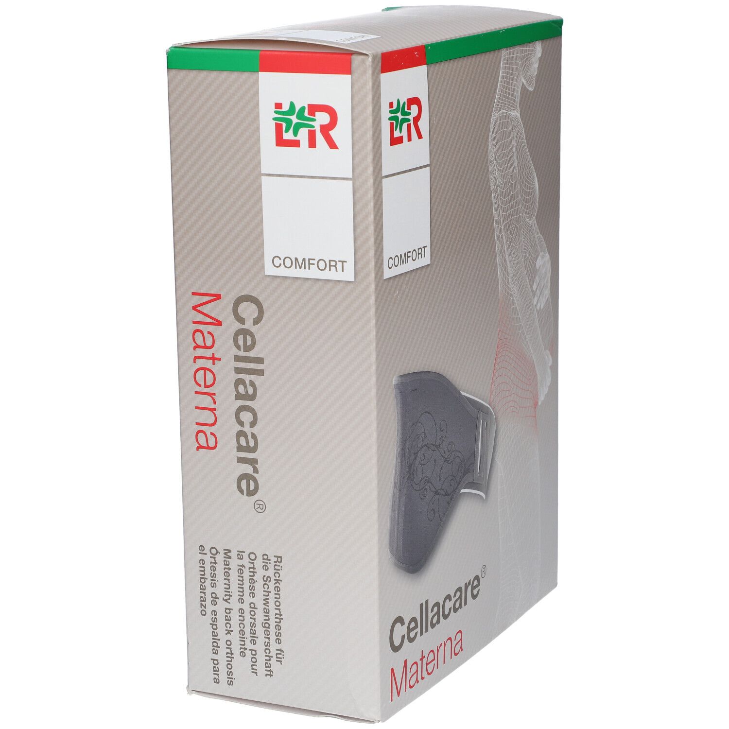 Verpakking Cellacare Materna. Rugbrace afgebeeld. Logo en productnaam duidelijk zichtbaar.