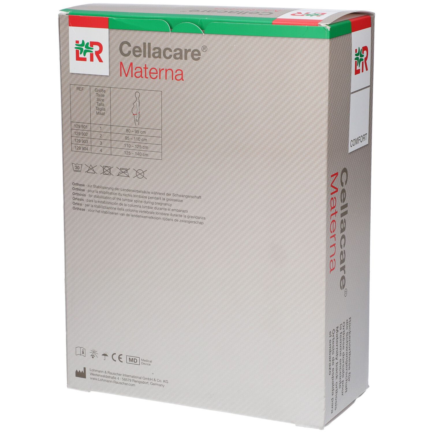 Verpakking Cellacare Materna. Achterkant met maten en pictogrammen. Logo en productnaam.