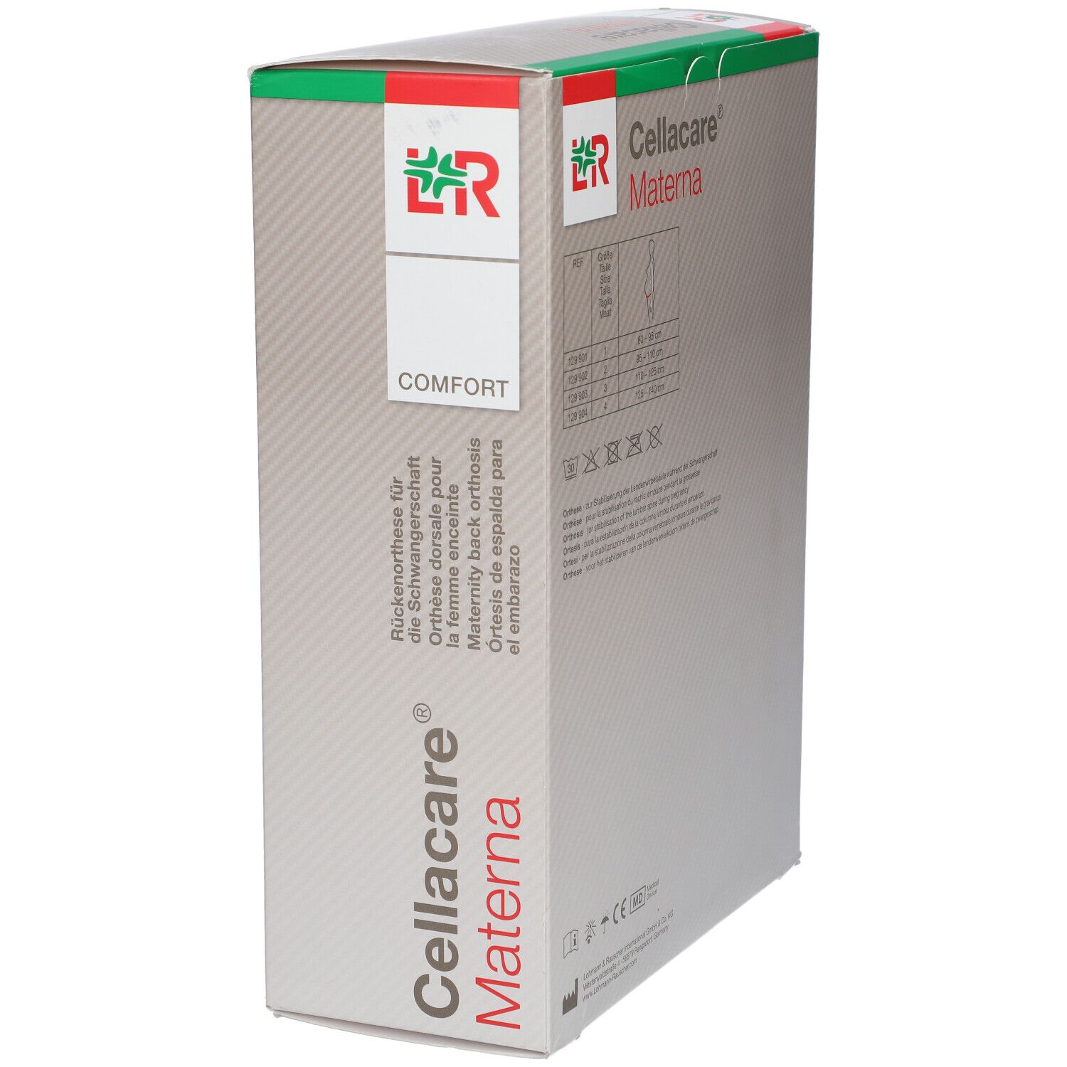 Verpakking Cellacare Materna. Achterkant met maten en pictogrammen. Logo en productnaam.