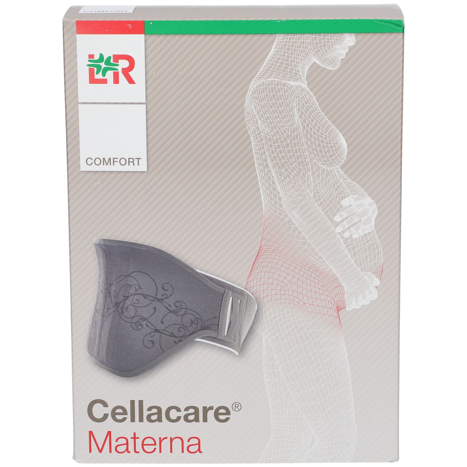 Verpakking Cellacare Materna. Grijze rugbrace afgebeeld. Logo en productnaam duidelijk zichtbaar.