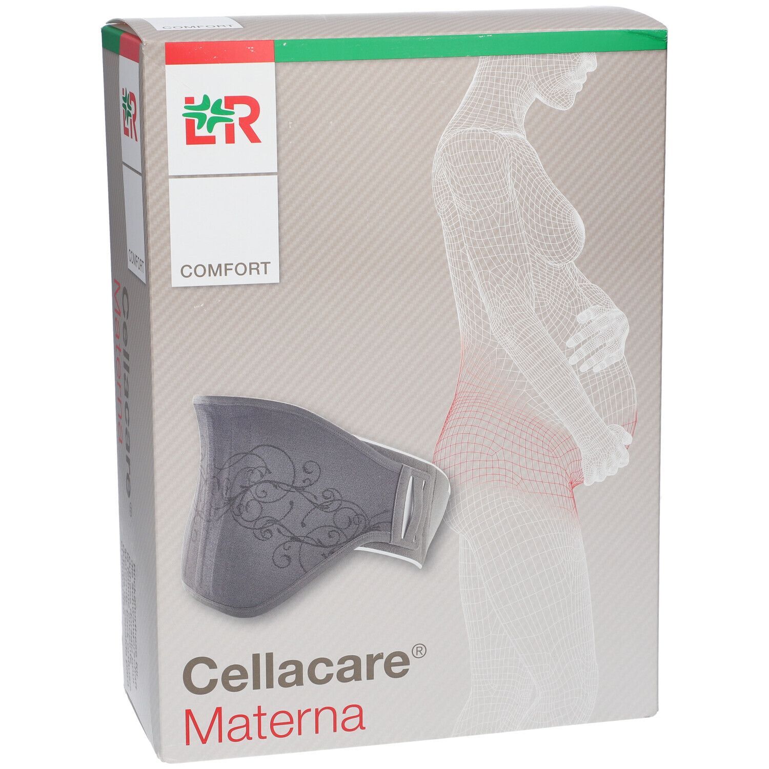 Verpakking Cellacare Materna. Grijze rugbrace afgebeeld. Logo en productnaam duidelijk zichtbaar.