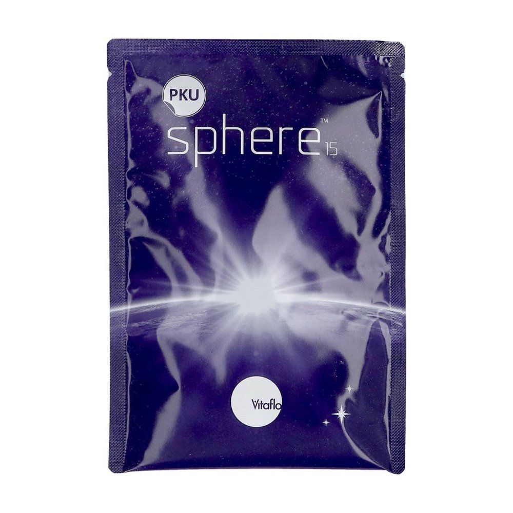 Sachet "PKU sphere 15" avec logo Vitaflo. Fond bleu avec effet de lumière blanche. Emballage vertical.