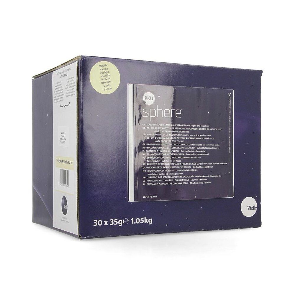 Boîte de PKU Sphere, 30 x 35g. Inscription: Vanille. Produit Vitaflo. Texte multilingue.