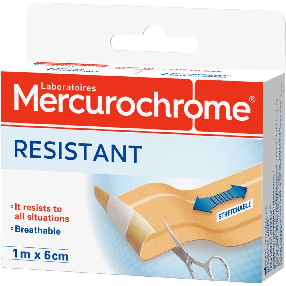 Verpakking van Mercurochrome Stretch pleisters. Rode en witte doos met informatie en een pleister.