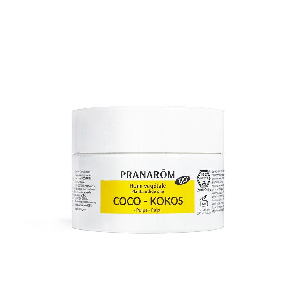 Pot blanc avec étiquette jaune. Inscription: Pranarôm Coco-Kokos. Certification bio.