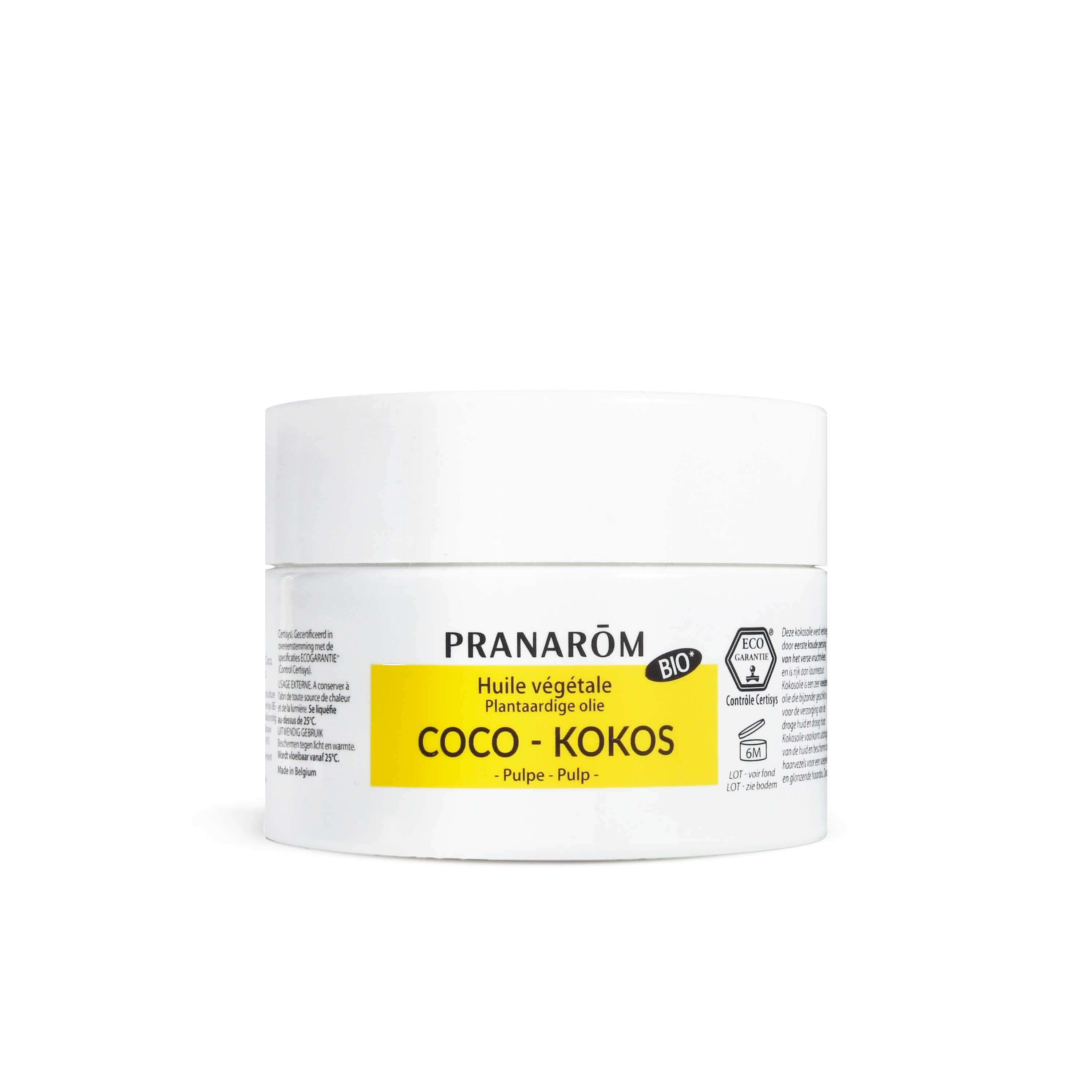 Witte pot met geel etiket. Opschrift: Pranarôm, Coco-Kokos, bio-certificering.