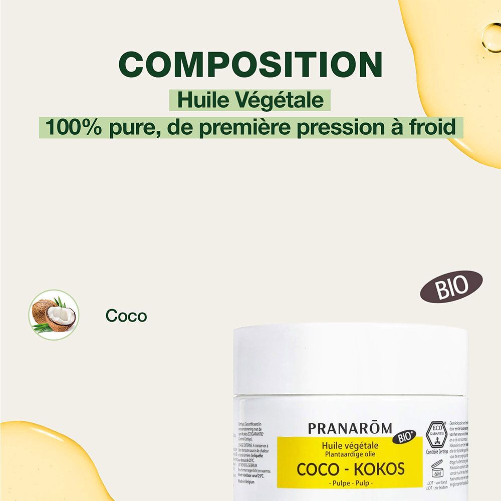 Texte sur la composition. Huile végétale. 100% pure, première pression à froid. Certification bio.