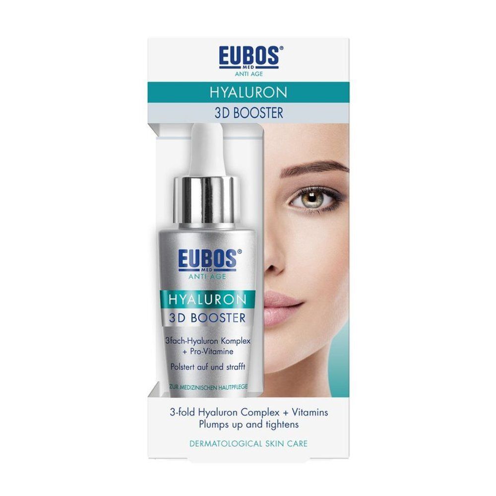 Produit en emballage. Flacon avec compte-gouttes. Texte: Eubos, Hyaluron 3D Booster. 3fach-Hyaluron Komplex + Pro-Vitamine. Visage de femme.