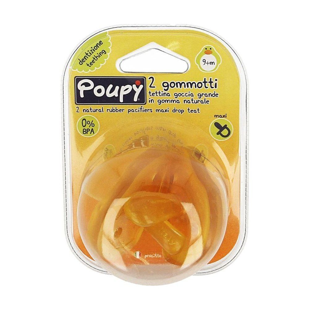 Deux sucettes en emballage blister. Sucettes anatomiques en caoutchouc naturel. Marque Poupy, 9m+, sans BPA.