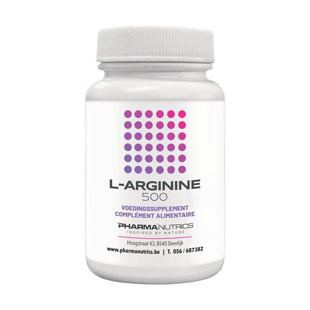 Flacon blanc L-Arginine 500. Points violets et texte. Marque: PharmaNutrics.