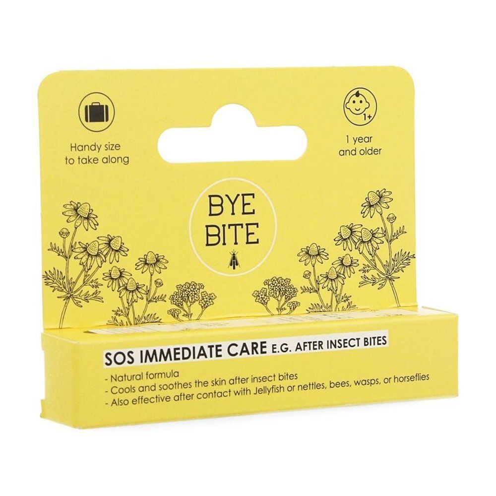 ByeBite SOS Roll-On verpakking met kruidenmotief. "SOS IMMEDIATE CARE" en "E.G. AFTER INSECT BITES" staan op de voorkant.