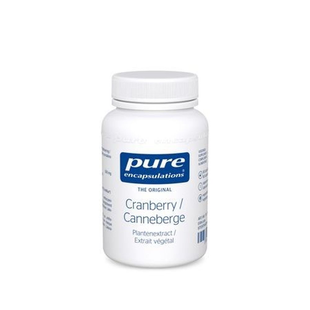 Witte fles met capsules. Op het etiket staat "pure encapsulations" en "Cranberry / Canneberge".