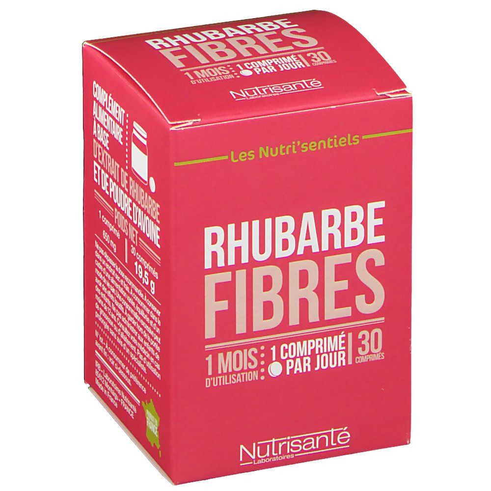 Rode doos met tekst: Rhubarbe Fibres, 1 maand, 1 tablet per dag, 30 tabletten. Merk: Nutrisanté.
