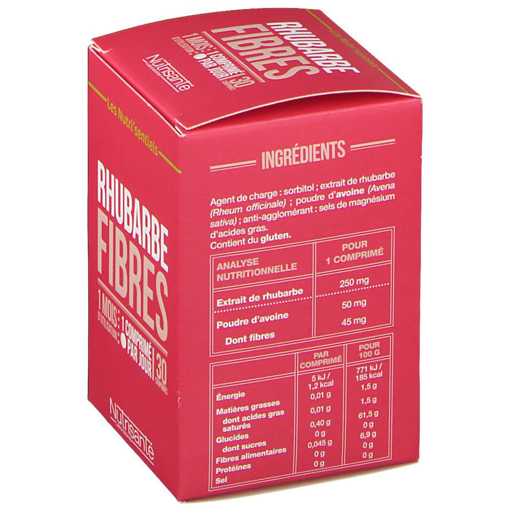 Achterkant van de rode doos. Tekst: Ingrediënten, voedingsanalyse. Merk: Nutrisanté. Productnaam: Rhubarbe Fibres.
