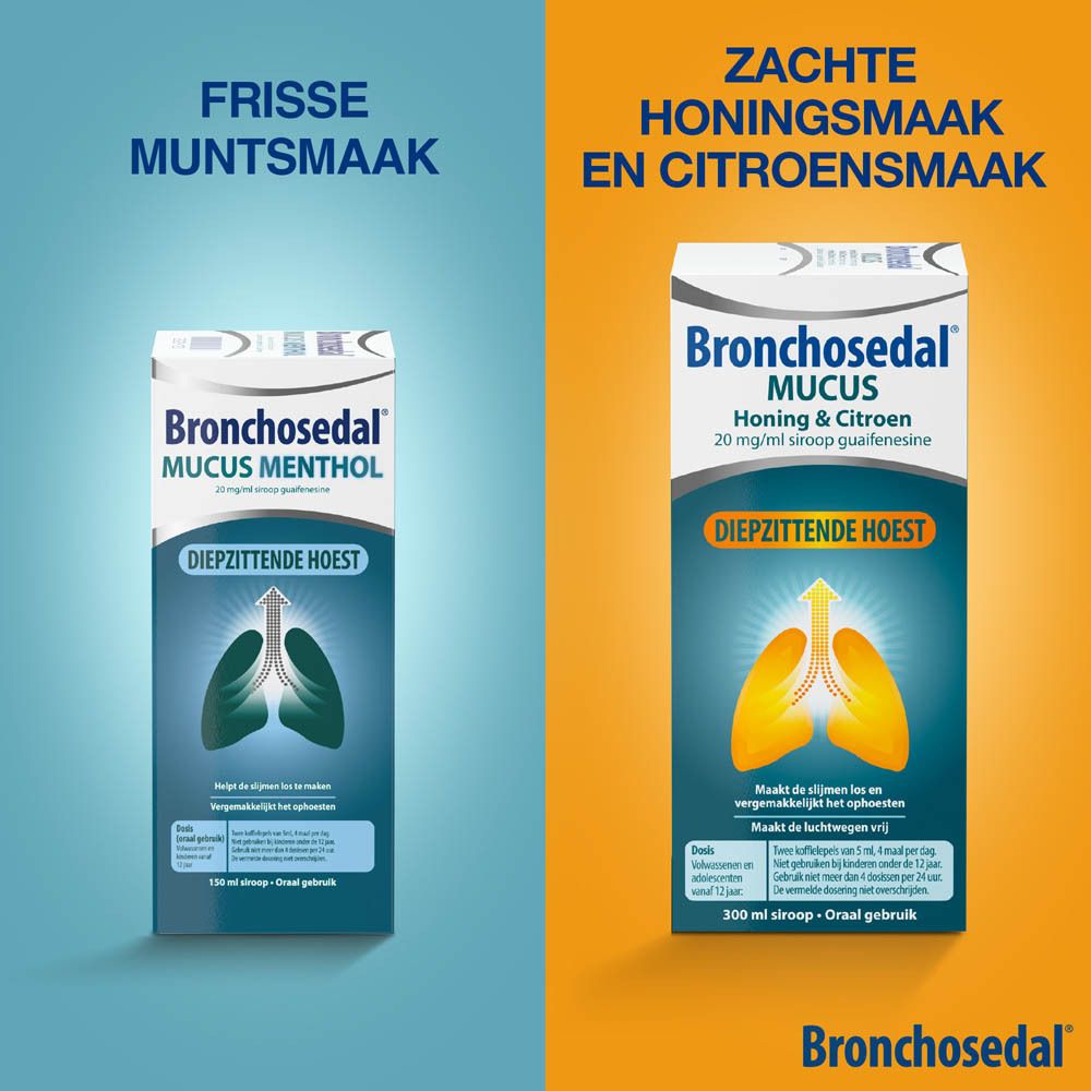 Productverpakking. Bronchosedal Mucus. Twee stappen om hoest te bestrijden.