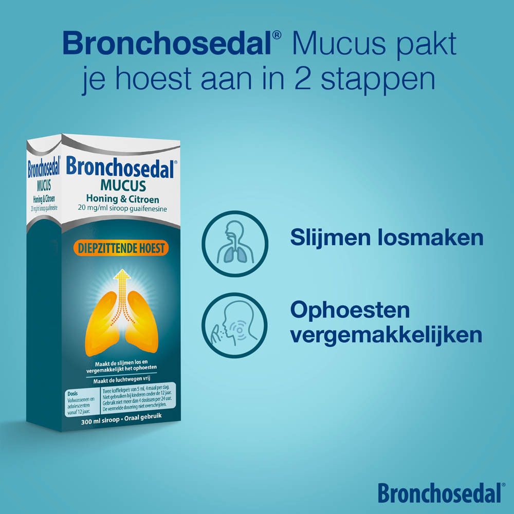 Productverpakking. Bronchosedal Mucus Honing & Citroen. Diepzittende hoest.