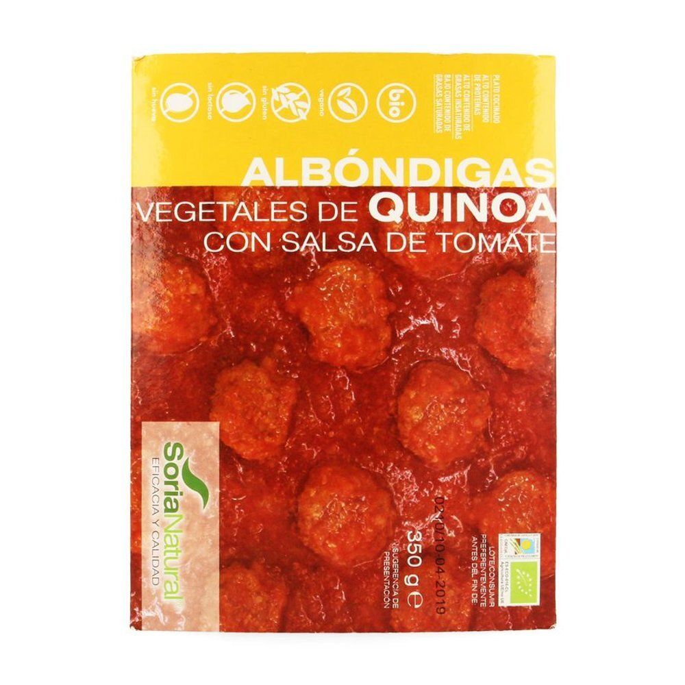 Paquet de boulettes de quinoa végétales à la sauce tomate. Marque Soria Natural. Label bio.