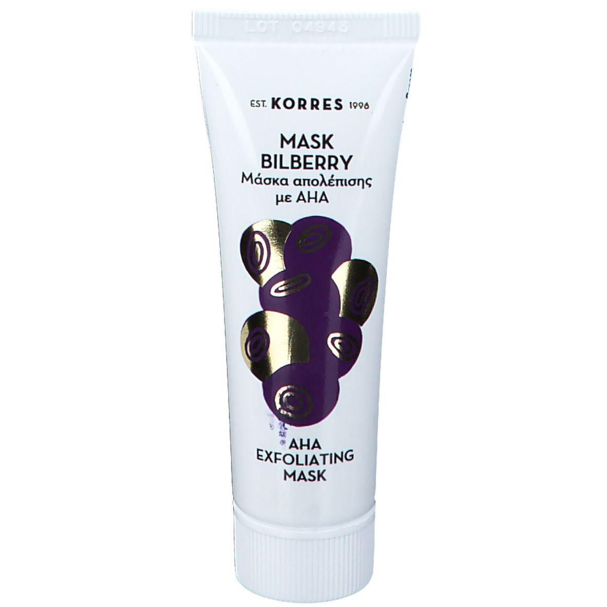 Witte tube met productopdruk. Opschrift: KORRES, Mask Bilberry, AHA Exfoliating Mask. Illustratie van bosbessen.