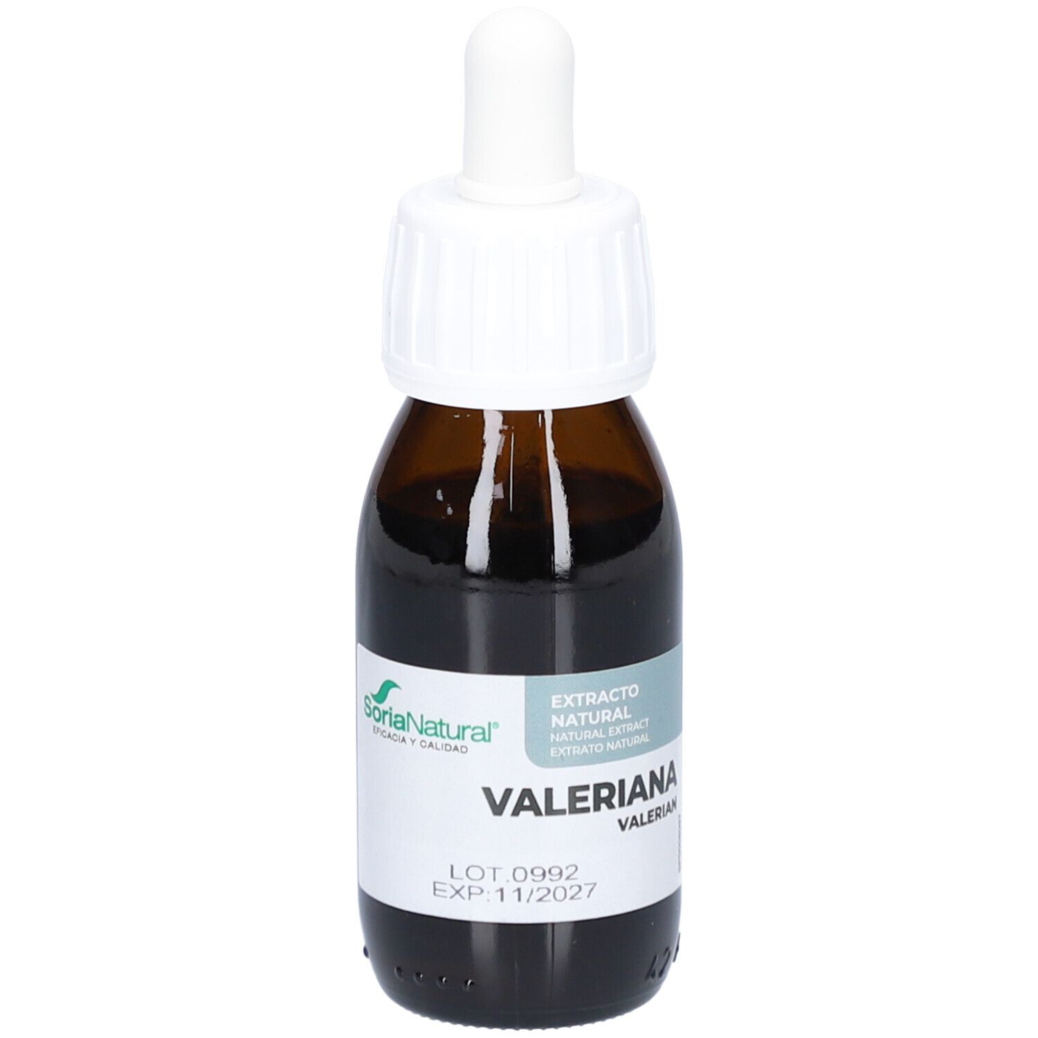 Bruine glazen fles met druppelaar. Etiket met productnaam en logo fabrikant. "Valeriana" en "Extrato Natural" zijn zichtbaar.