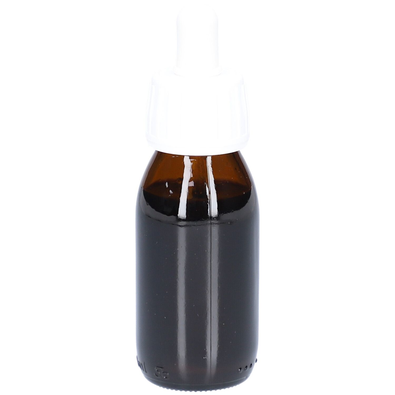 Bruine glazen fles met druppelaar. Donkere inhoud. Geen andere details zichtbaar.