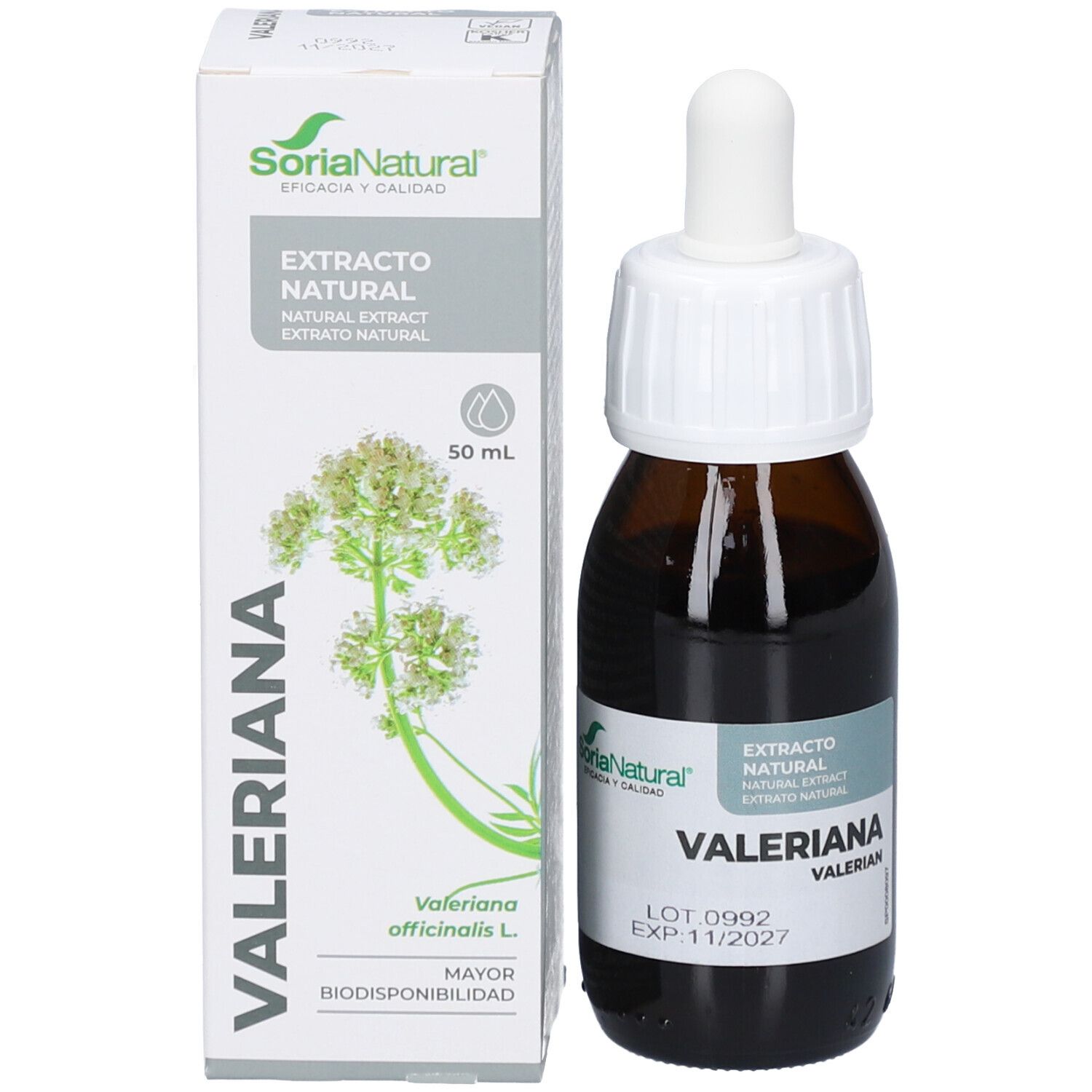 Productfles met verpakking. Fles met druppelaar, bruin glas. Verpakking met productnaam, logo en informatie.