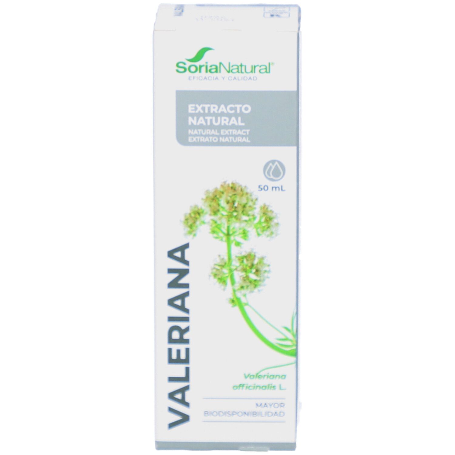 Hoge, rechthoekige verpakking. Productnaam en logo op witte achtergrond. Afbeelding van een plant.