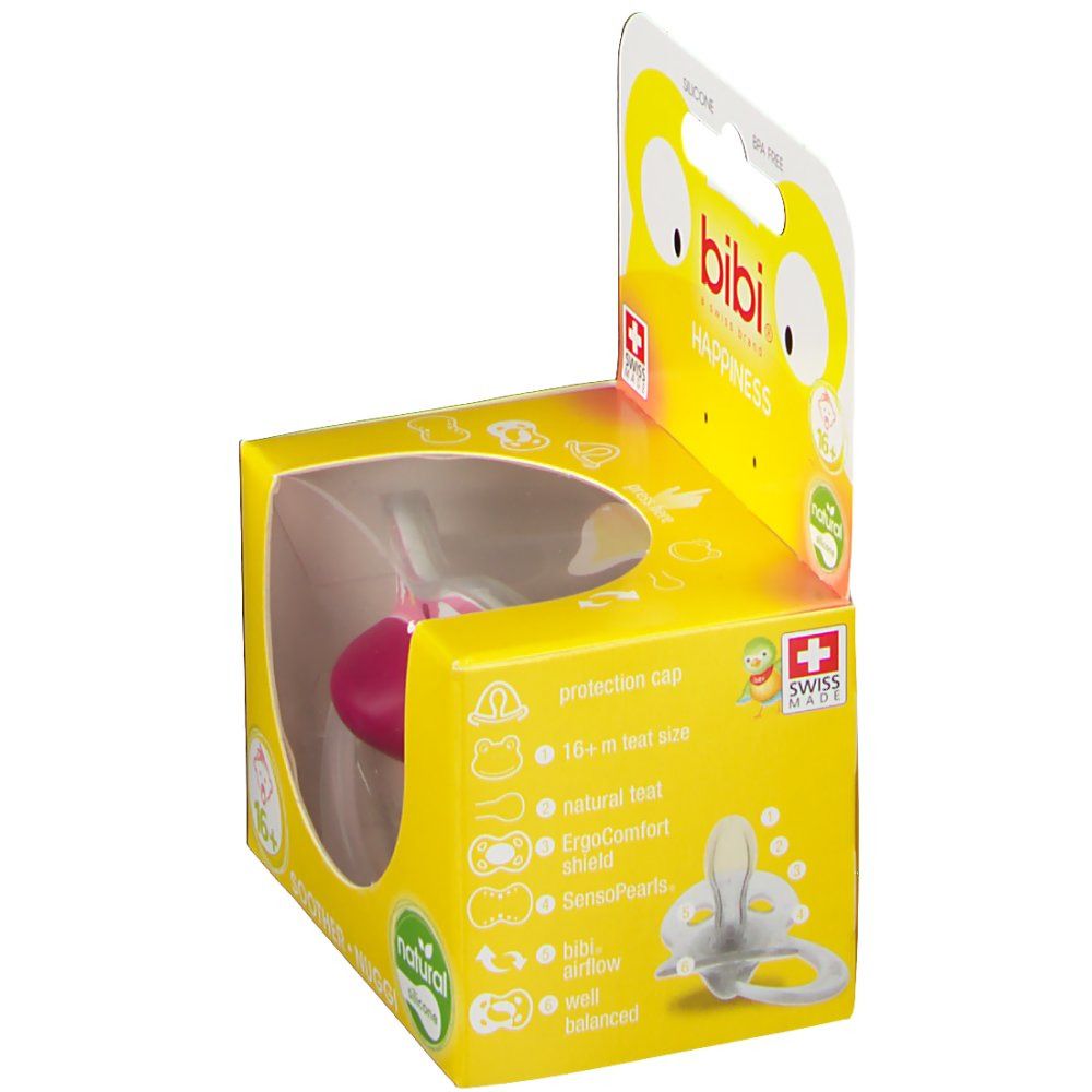 Gele verpakking met roze fopspeen. Zichtbare kenmerken: merk "bibi", "Swiss Made", "16+ maanden", "natural".