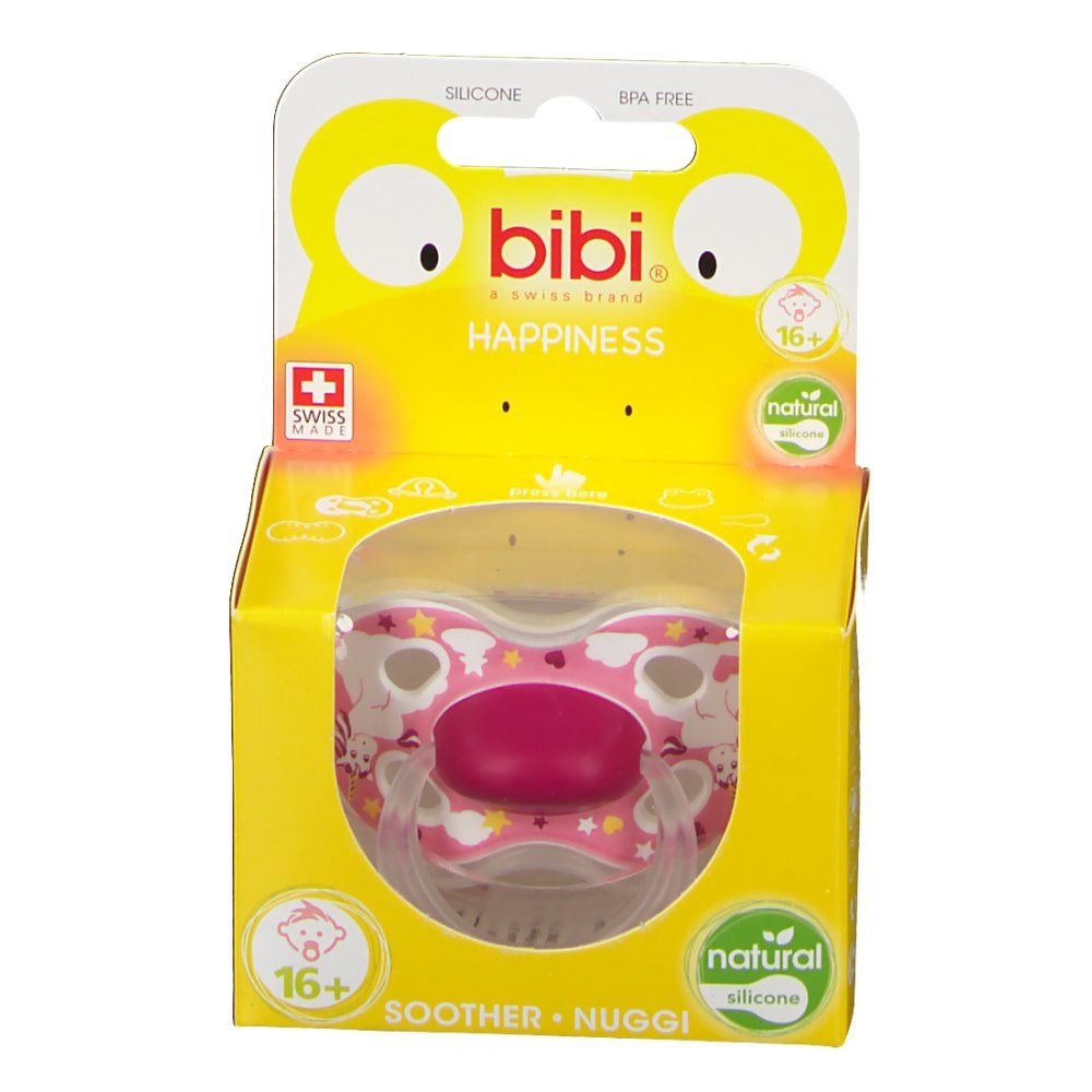 Gele verpakking met roze fopspeen. Merk "bibi", "Swiss Made", "16+ maanden", "natural", "silicone".