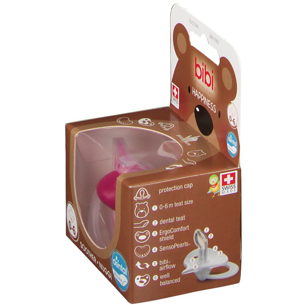 Verpakking met fopspeen. Roze fopspeen in bruine doos met informatie en logo. Zwitsers kruis.