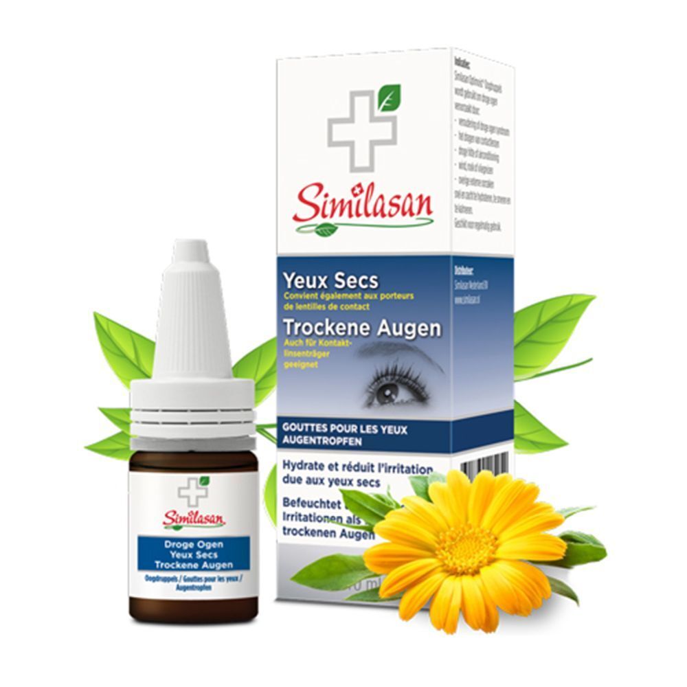 Emballage du produit avec flacon de gouttes oculaires, fleur jaune et feuilles. Logo Similasan visible.